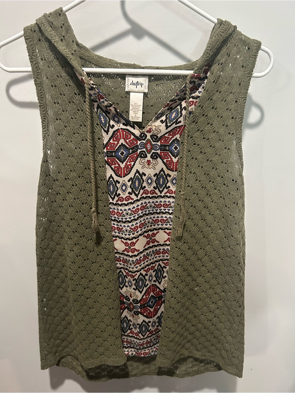 Daytrip Olive Knit Hooded Vest with Cream Boho Print Tank